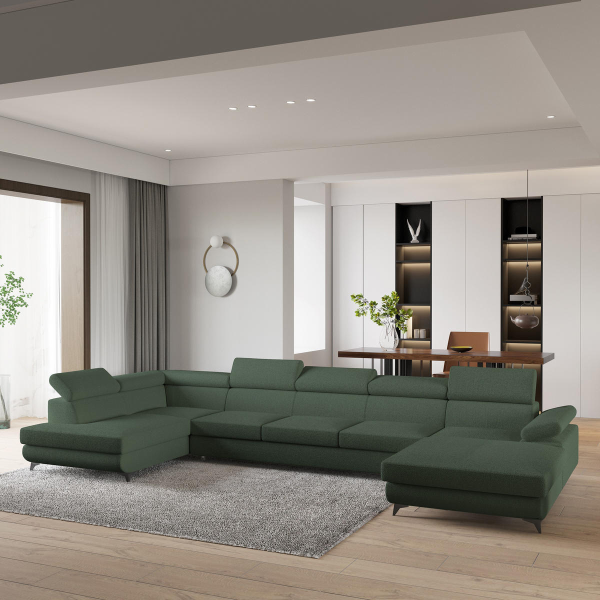 WOHNLANDSCHAFT MONTIVA Grün Boucle-Stoff mit Schlaffunktion - Grün, Holz (410/89/190cm) - MASSENO