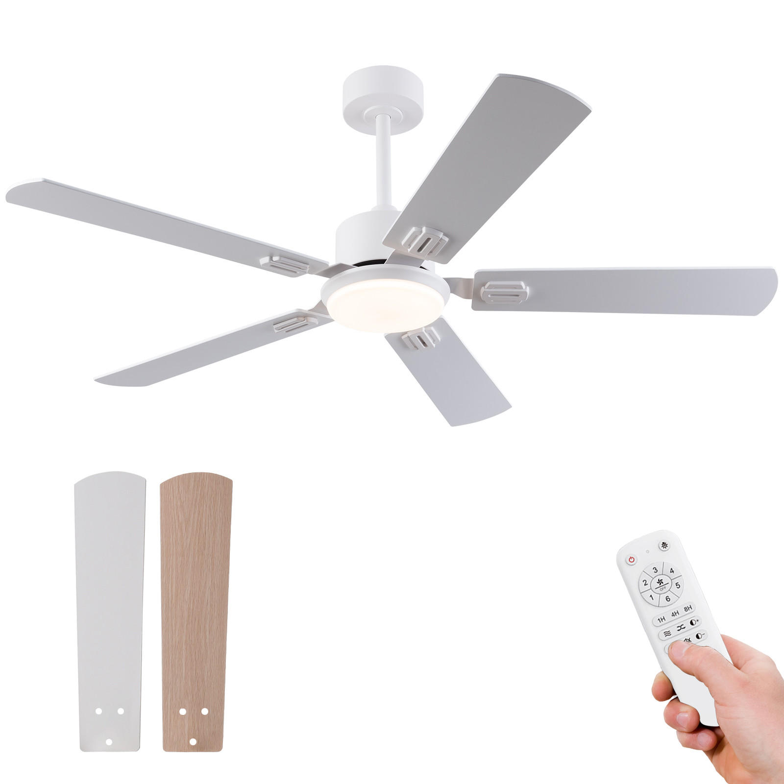 DECKENVENTILATOR 52Zoll LED Licht 5 Flügel Doppelfinish Weiß Holz - Weiß, Kunststoff (132/132/45cm) - CASIVA