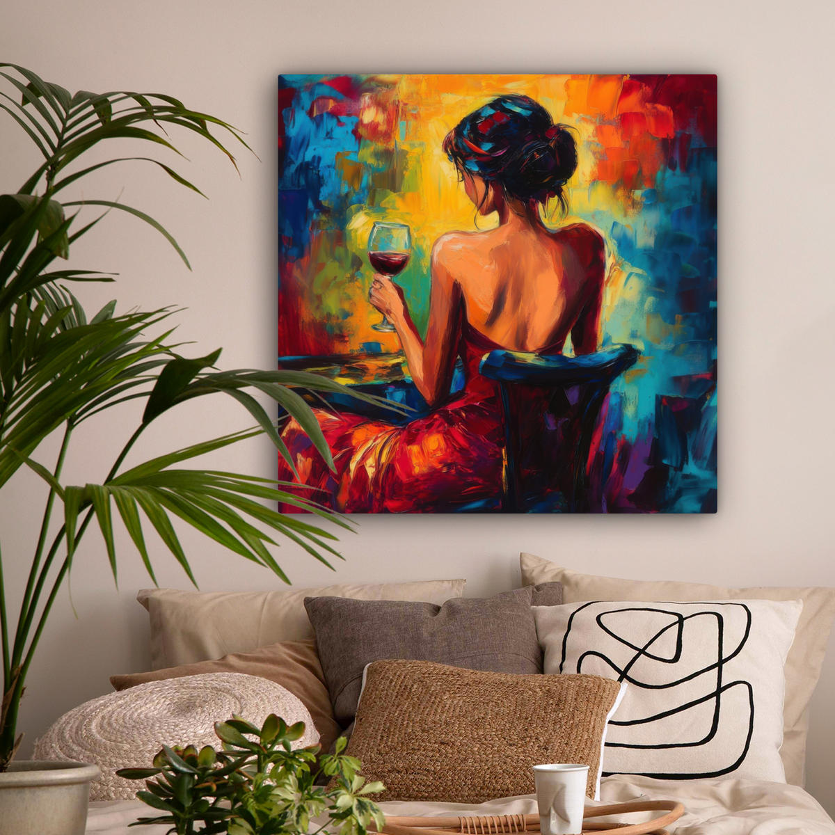 LEINWANDBILD Wein - Frau - Stimmungsvoll - Farbenfroh 90x90 cm - Bordeaux, Textil (90/90cm) - MuchoWow
