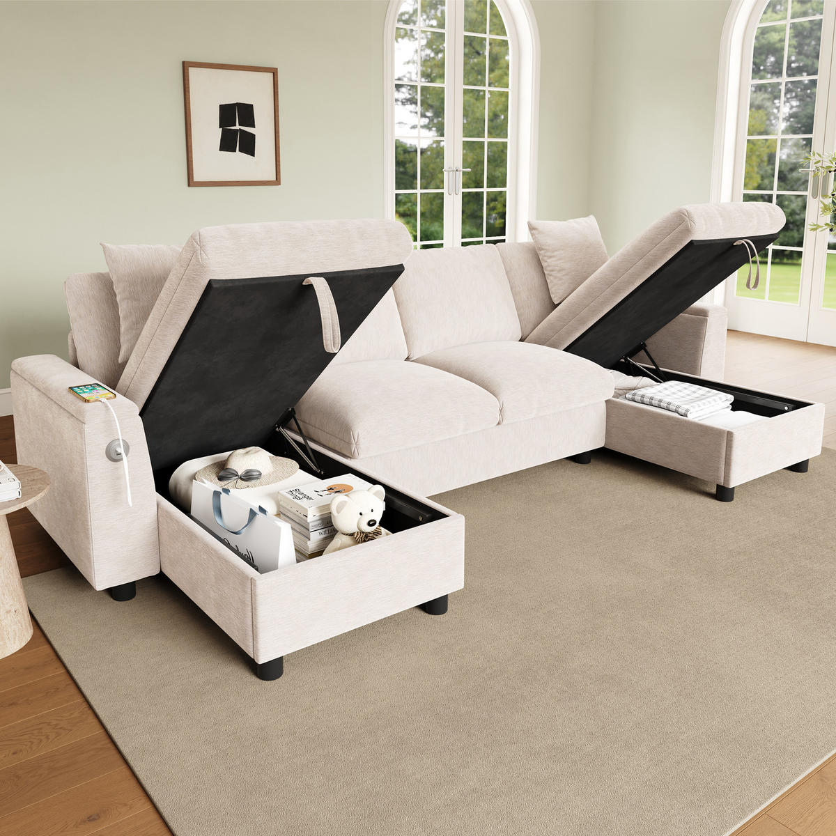 WOHNLANDSCHAFT Chenille Beige mit Stauraum, USB und Type-C-Anschluss - Beige, Holzwerkstoff/Kunststoff (284/84/135cm) - WISHDOR
