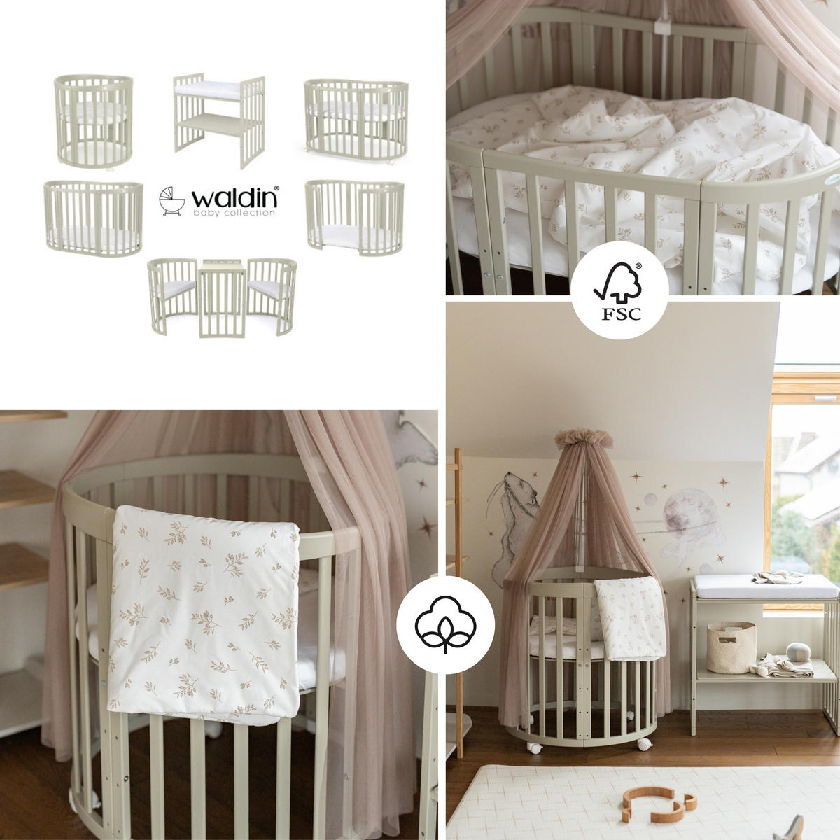 BABYBETT OLIVE OVAL 7in1 mit Matratze und Himmelset - Taupe/Olivgrün, Holz/Textil
