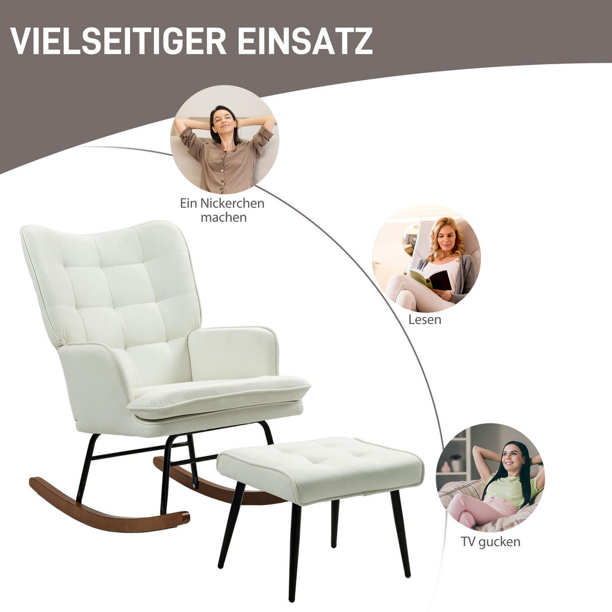SCHAUKELSTUHL Schwingsessel mit Hocker Armlehnsessel Relaxsessel mit Leinenoptik - Creme/Schwarz, Holz/Buchenholz (89/90/64cm) - HOMCOM