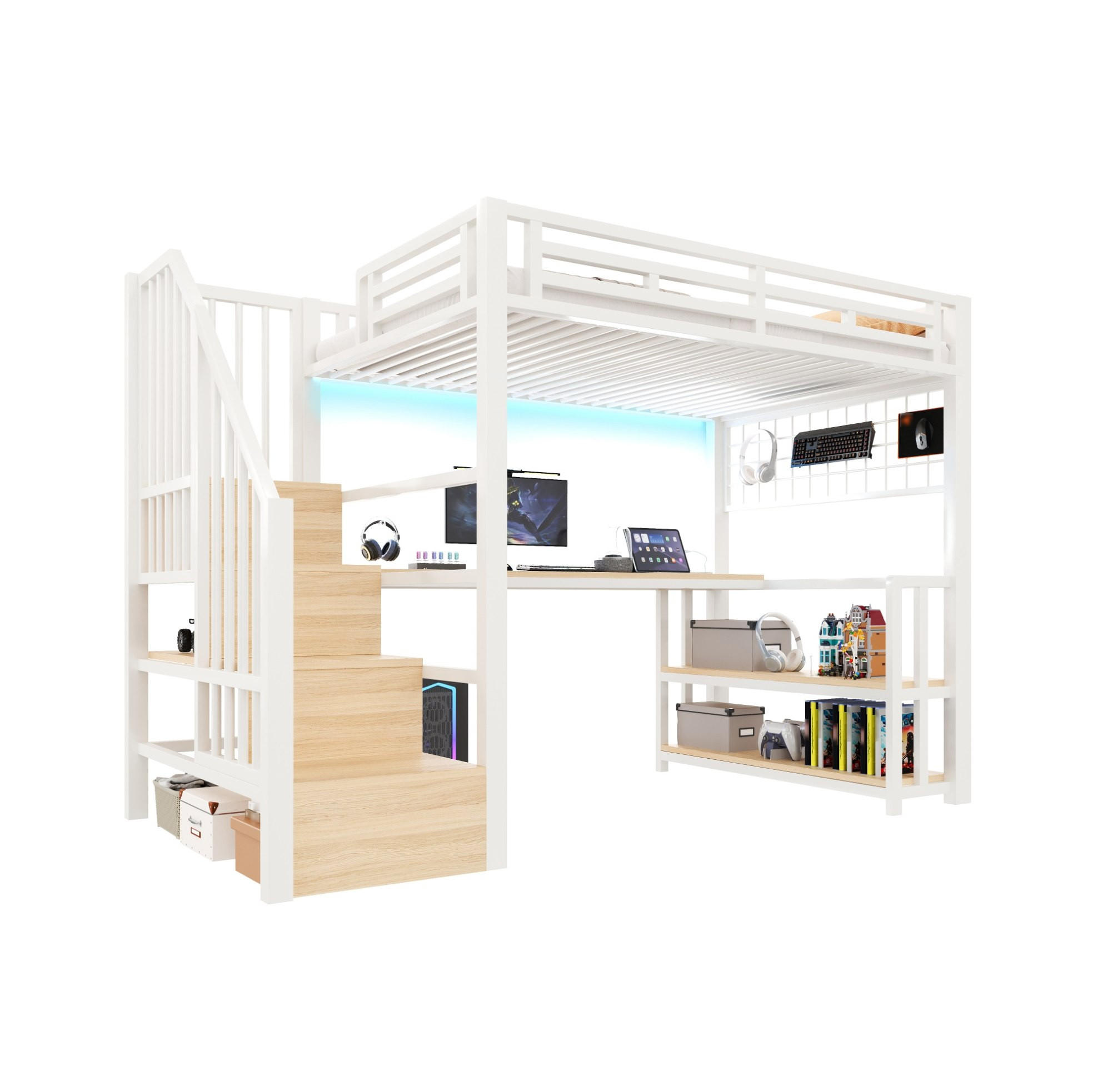 HOCHBETT 90/200 cm Weiß mit Schreibtisch, Regal und LED-Lichtleiste - Weiß, Metall (90/200cm) - MIVRAY