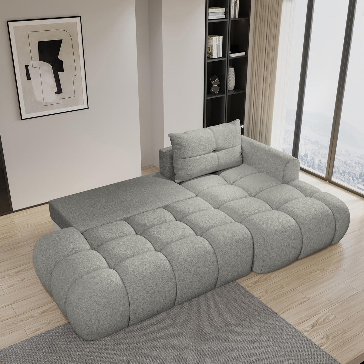 ECKSOFA FLUMA R-S Hellgrau Boucle-Stoff mit Schlaffunktion - Hellgrau, Holz (274/165cm) - MASSENO