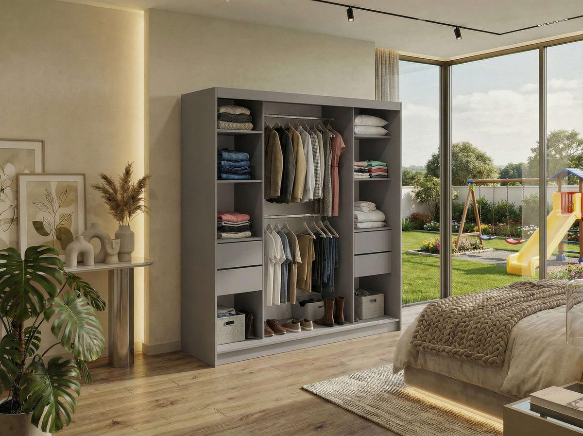 SCHWEBETÜRENSCHRANK mit Schubladen 200 - DUBROWNIK - Grau mit Spiegel - Alufarben/Grau, Holzwerkstoff/Metall (200/216/61cm) - MKS
