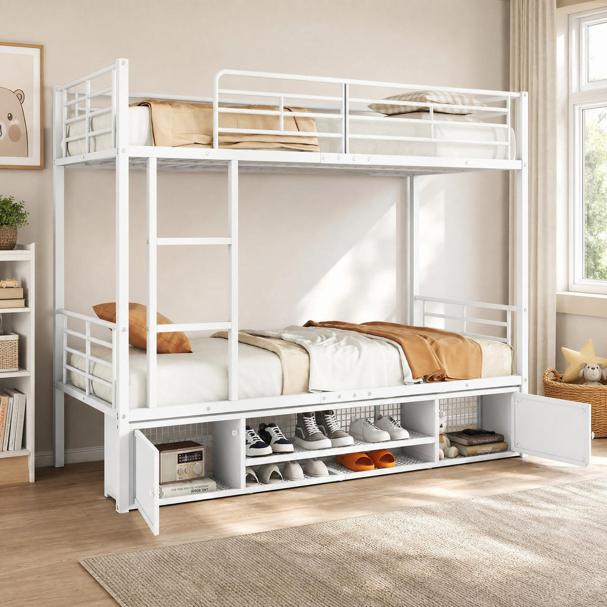HOCHBETT 90/200 mit Seitenleiter, Schuhschrank und Fallschutzgitter in Weiß - Weiß, Metall (90/200cm) - EVRYAE
