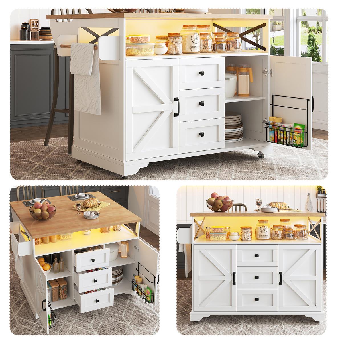 KÜCHENINSEL in Weiß Servierwagen mit Klapptisch, App LED Beleuchtung, Snack Ablagen und Stauraum, B120/T71.5/H98cm - Weiß, Holzwerkstoff/Metall (120/98/43cm) - STILVORA
