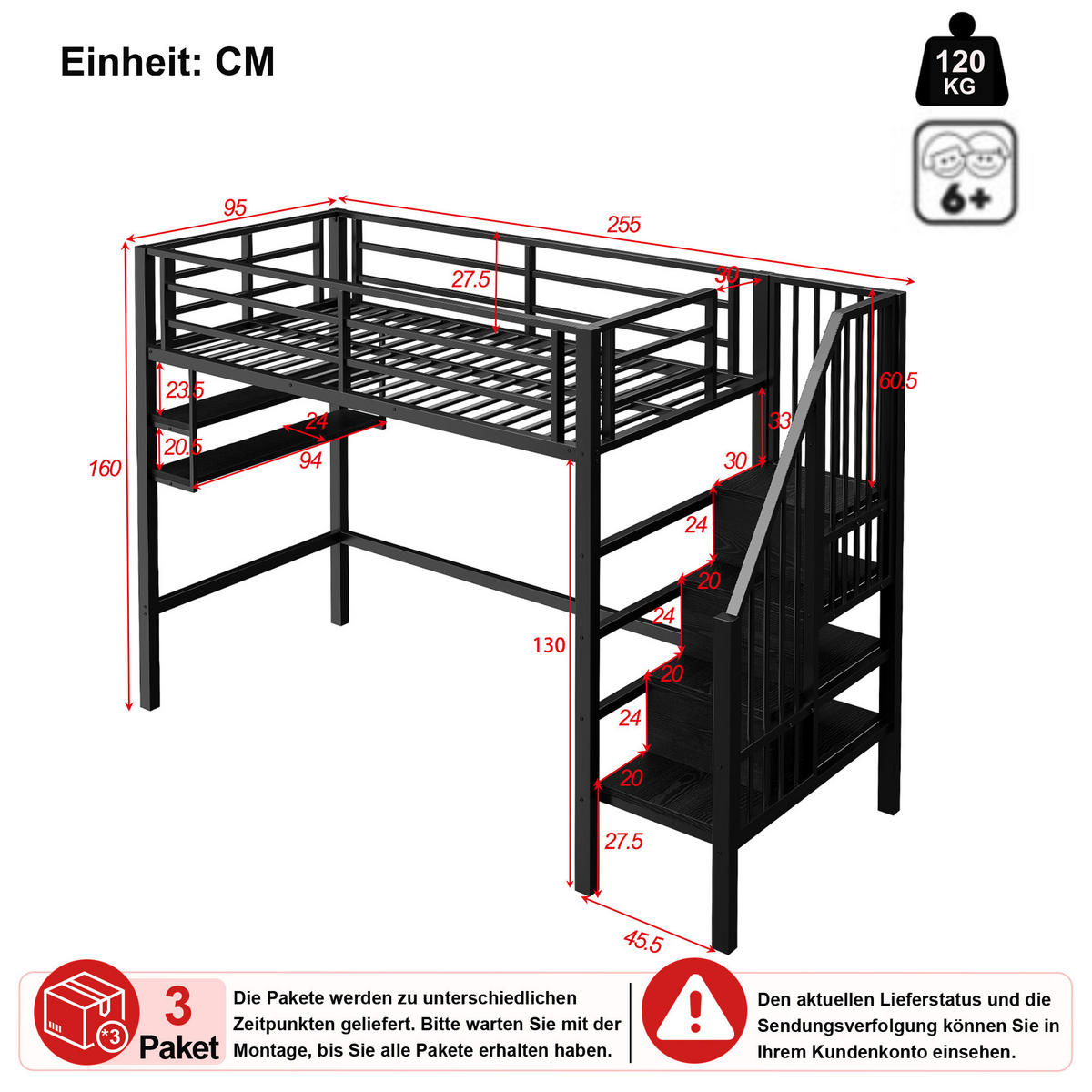 HOCHBETT 90/200 cm in Schwarz mit Regal, Stauraumleiter und Geländer - Schwarz, Holzwerkstoff/Metall (90/200cm) - CHICFURN
