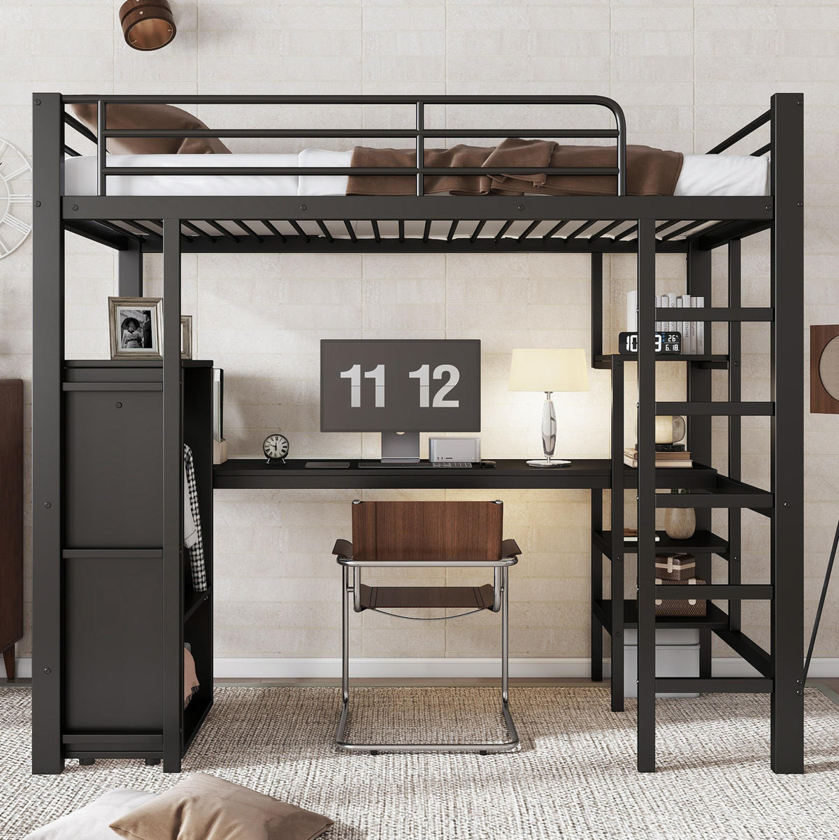 HOCHBETT 90/200 cm aus Metall/MDF mit Schreibtisch und Kleiderschrank Schwarz - Schwarz, Metall (90/200cm) - Modenvie