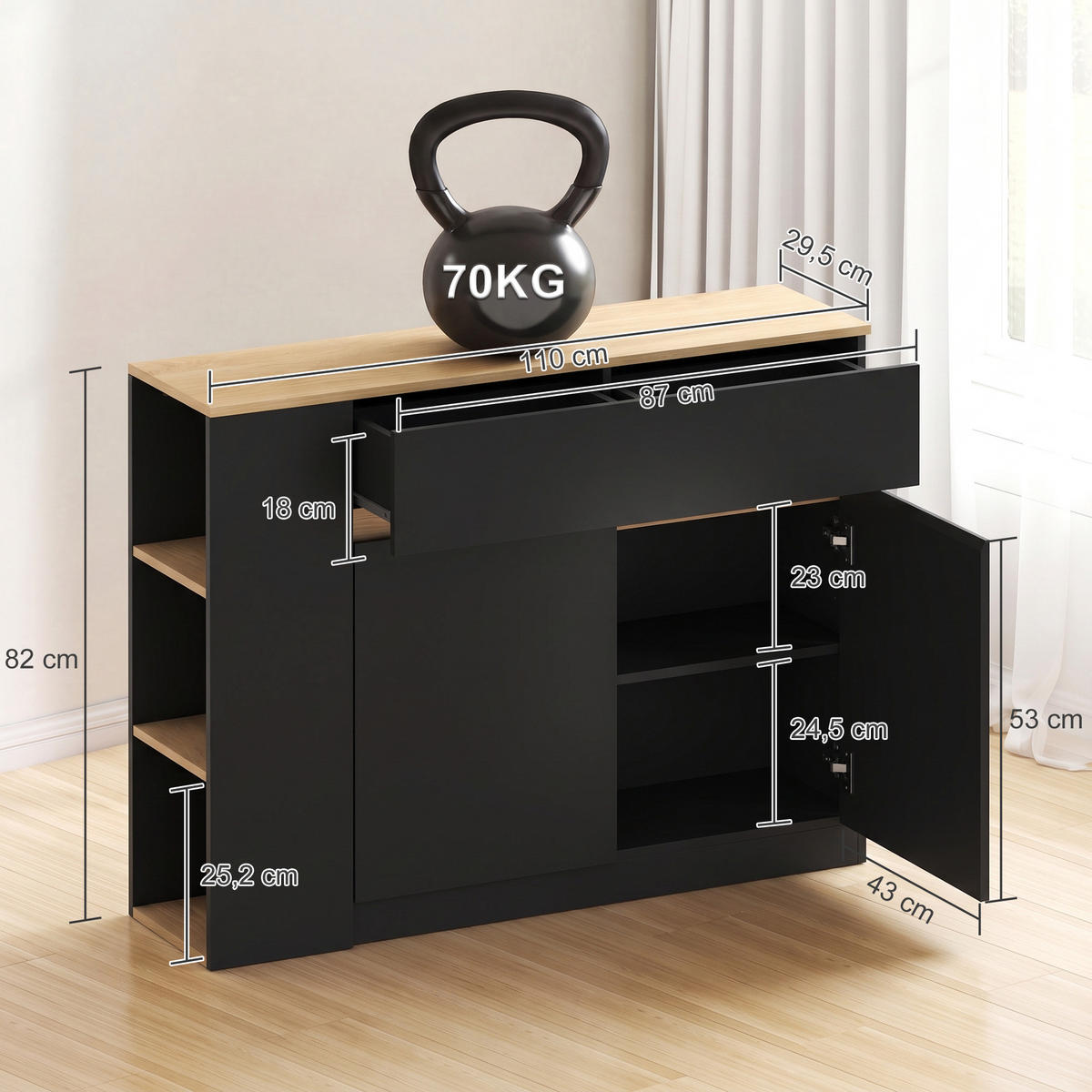 SIDEBOARD Küchenschrank mit Schublade, verstellbare Ablage, Aufbewahrungsschrank - Schwarz, Holzwerkstoff/Metall (29.5/82/110cm) - HOMCOM