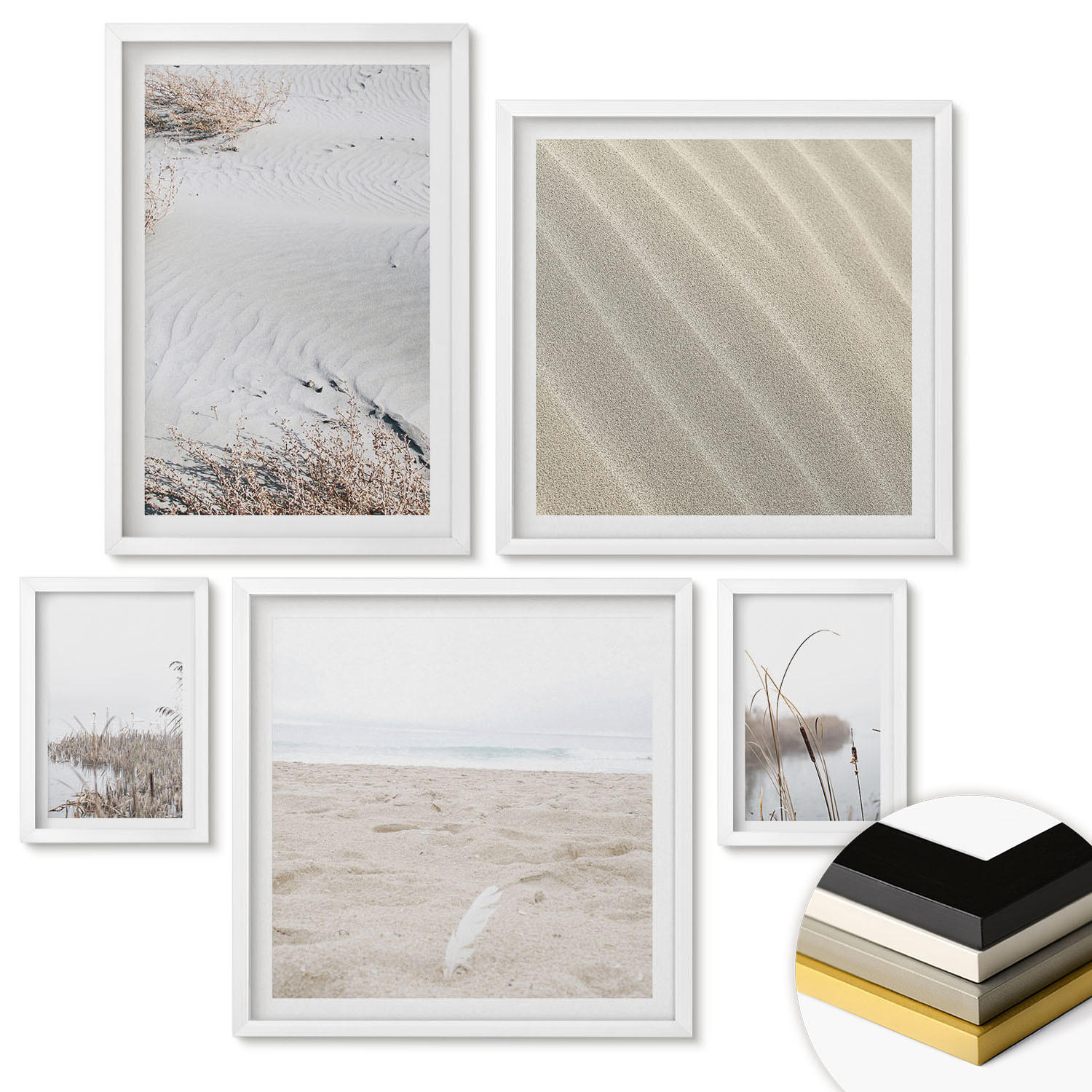 WANDBILDER 5er-Set - 50x50 cm & 20x30 cm & 40x60 cm Weißer Rahmen - Vegetation am Wasser im Sommer - Weiß, Kunststoff (40/60cm) - ArtPrintCave