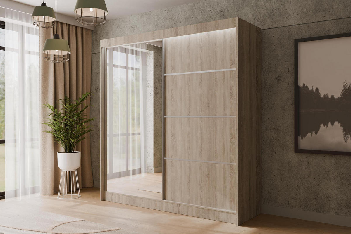 KLEIDERSCHRANK PAOKI mit LED - 200 cm - Sonoma Eiche - Sonoma Eiche, Holzwerkstoff (200/215/61cm) - ALTDECOR