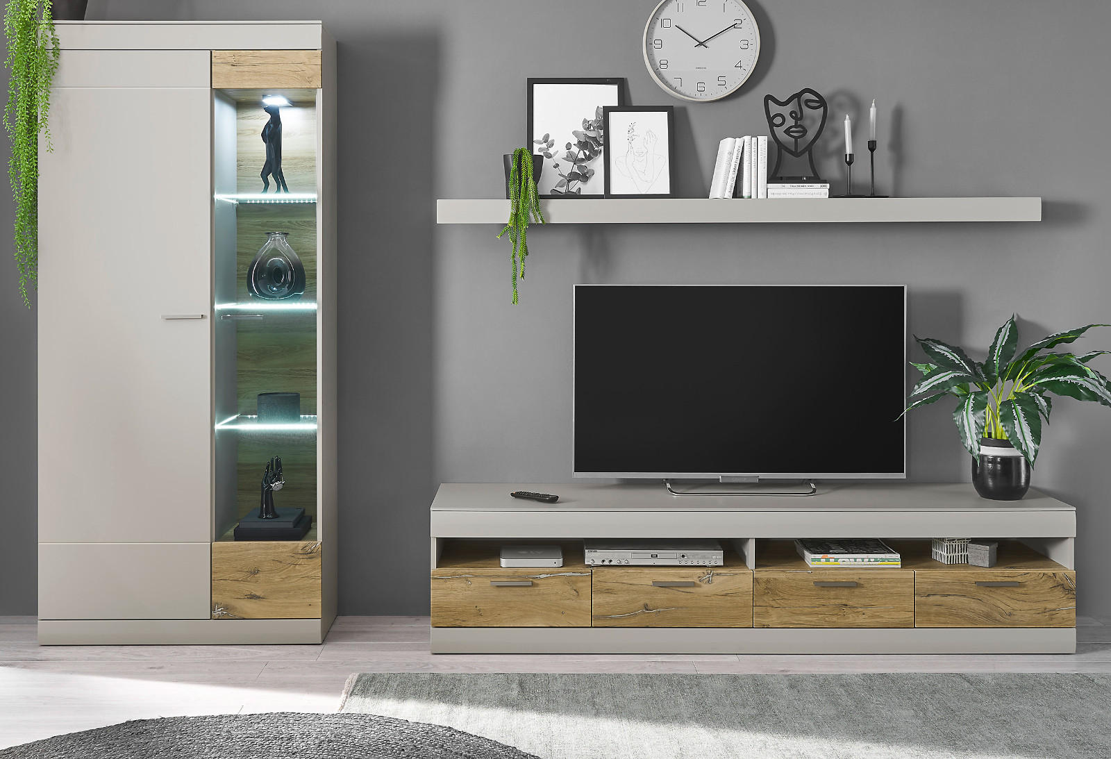 WOHNWAND grau matt, Zinneiche 3-teilig 300 cm, Wohnkombination mit Soft-Close - Eichefarben/Silberfarben, Glas/Holzwerkstoff (300/199/45cm) - Furn.Design