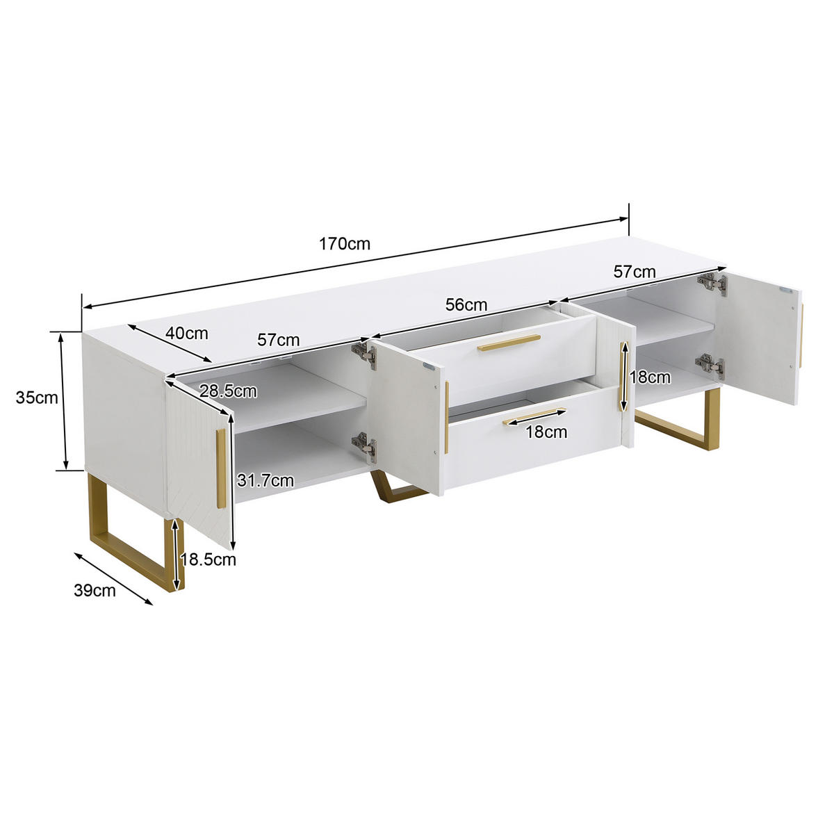 TV-SCHRANK 170/40/53,5 cm weiß MDF mit goldenen Griffen und Füßen, 4 Türen mit Schnitzereien - Weiß, Holzwerkstoff (170/53.5/40cm) - OKWISH