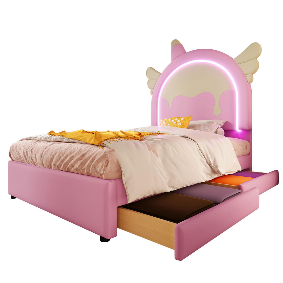 POLSTERBETT 90/200 cm Rosa Einhornform mit Leuchtleiste und 2 Schubladen aus PU - Rosa, Kunststoff (90/200cm) - OKWISH