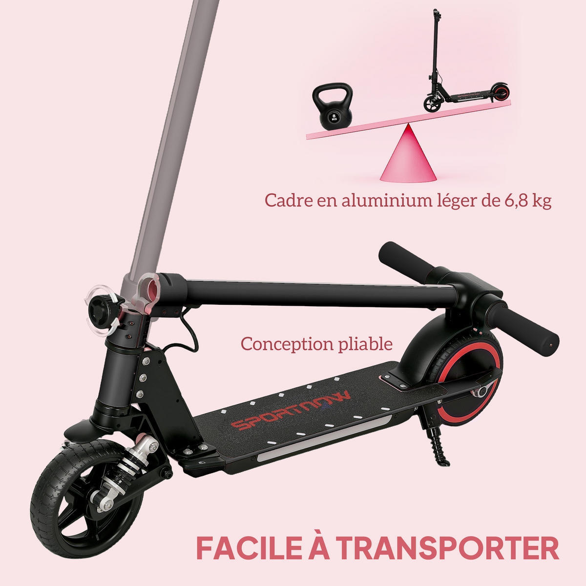 KINDERSCOOTER DE-16987 klappbar 120 W 10 km/h Pink - Schwarz, Metall (78/32/92cm) - ComfortXL