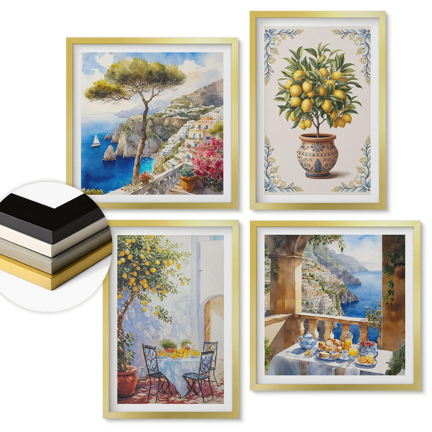 WANDBILDER 4er Set - 50x50 cm & 40x60 cm Goldrahmen - Tisch aus Zitronenbaum - Goldfarben, Kunststoff (50/50cm) - ArtPrintCave