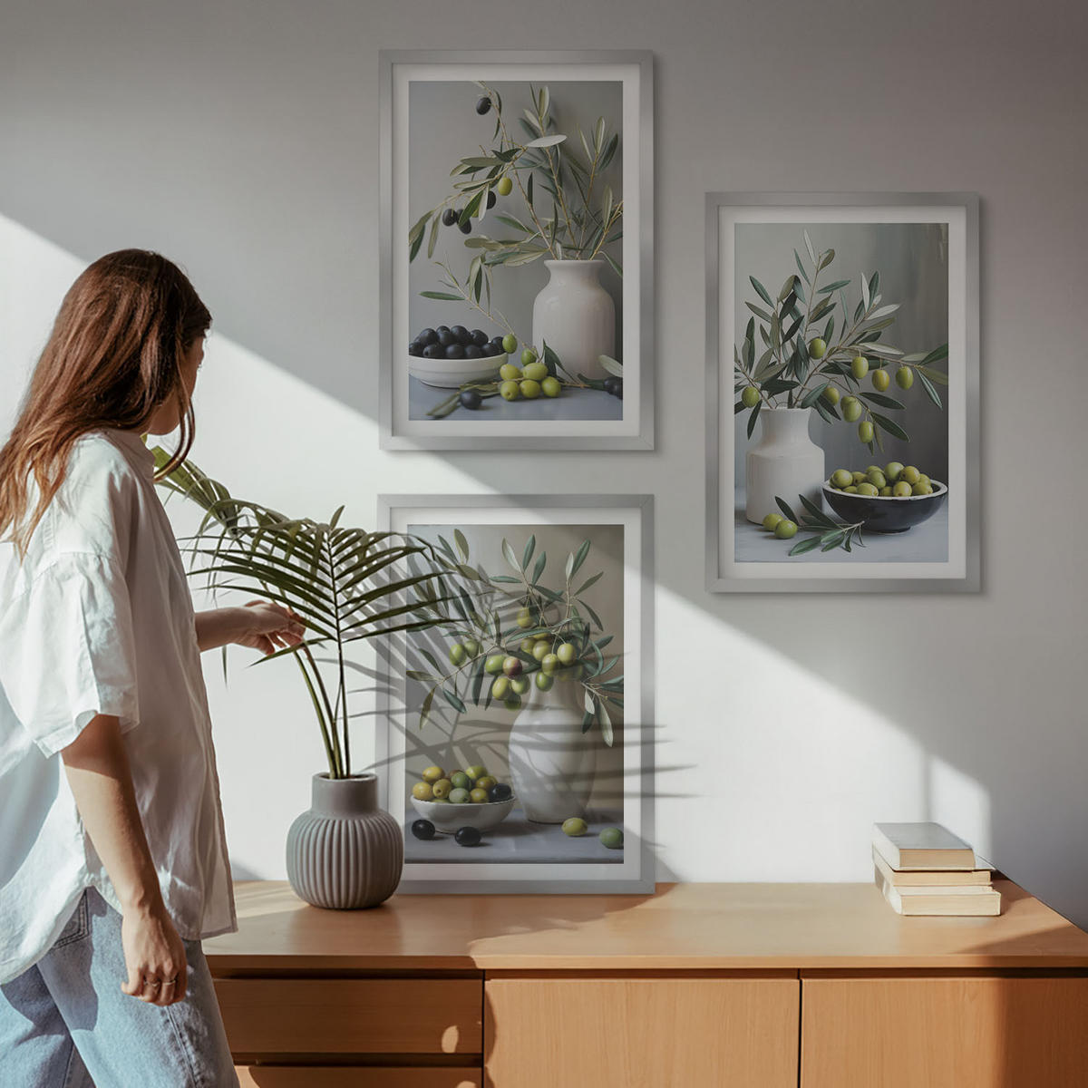 WANDBILDER 3er Set - 40x60 cm Silberner Rahmen - Oliven in grauen Vasen - Silberfarben, Kunststoff (40/60cm) - ArtPrintCave