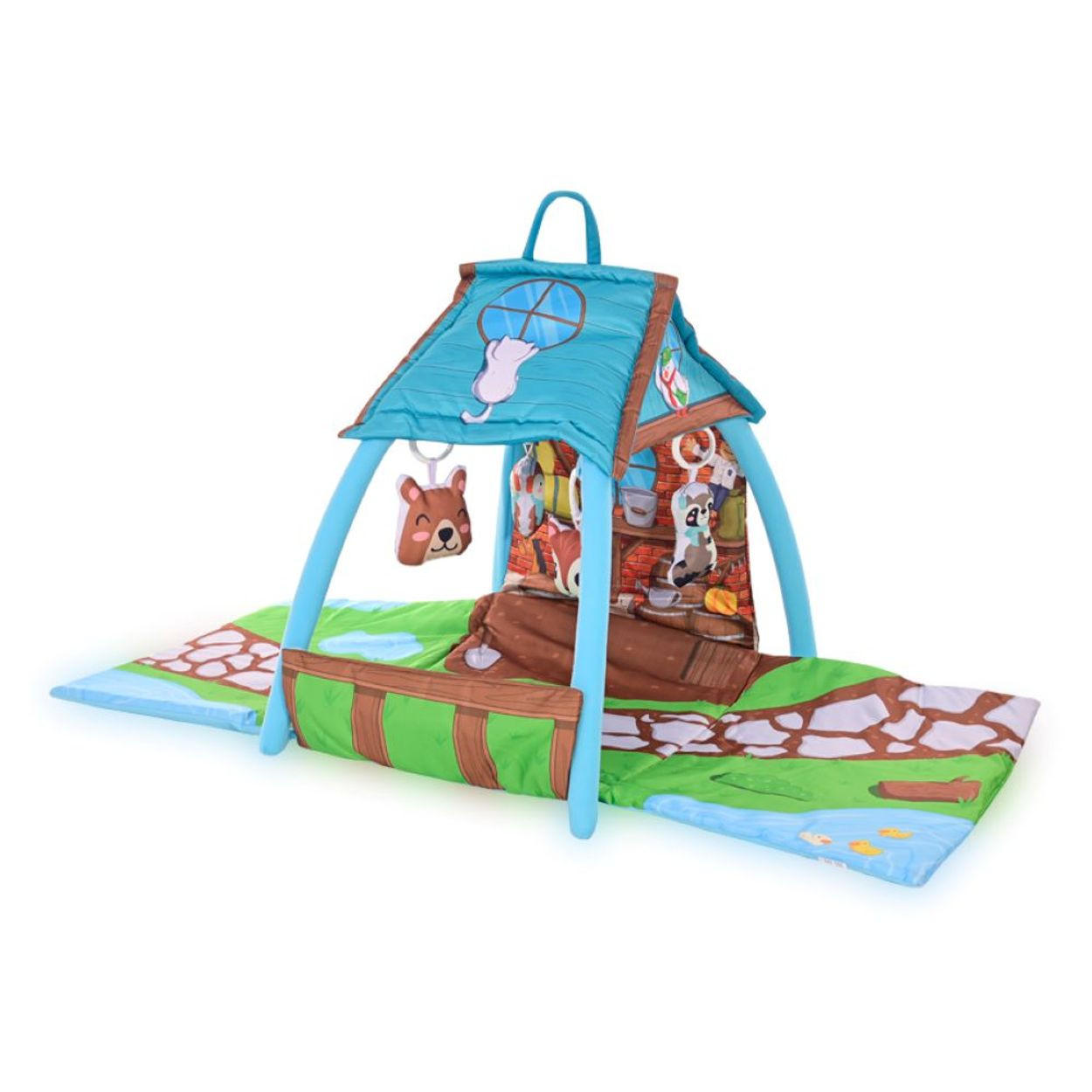 SPIELBOGEN kleines Haus blau Krabbeldecke, Greiflinge, vier hängende Tiere, 100% Polyester - Blau, Textil (53/56/113cm) - Lorelli