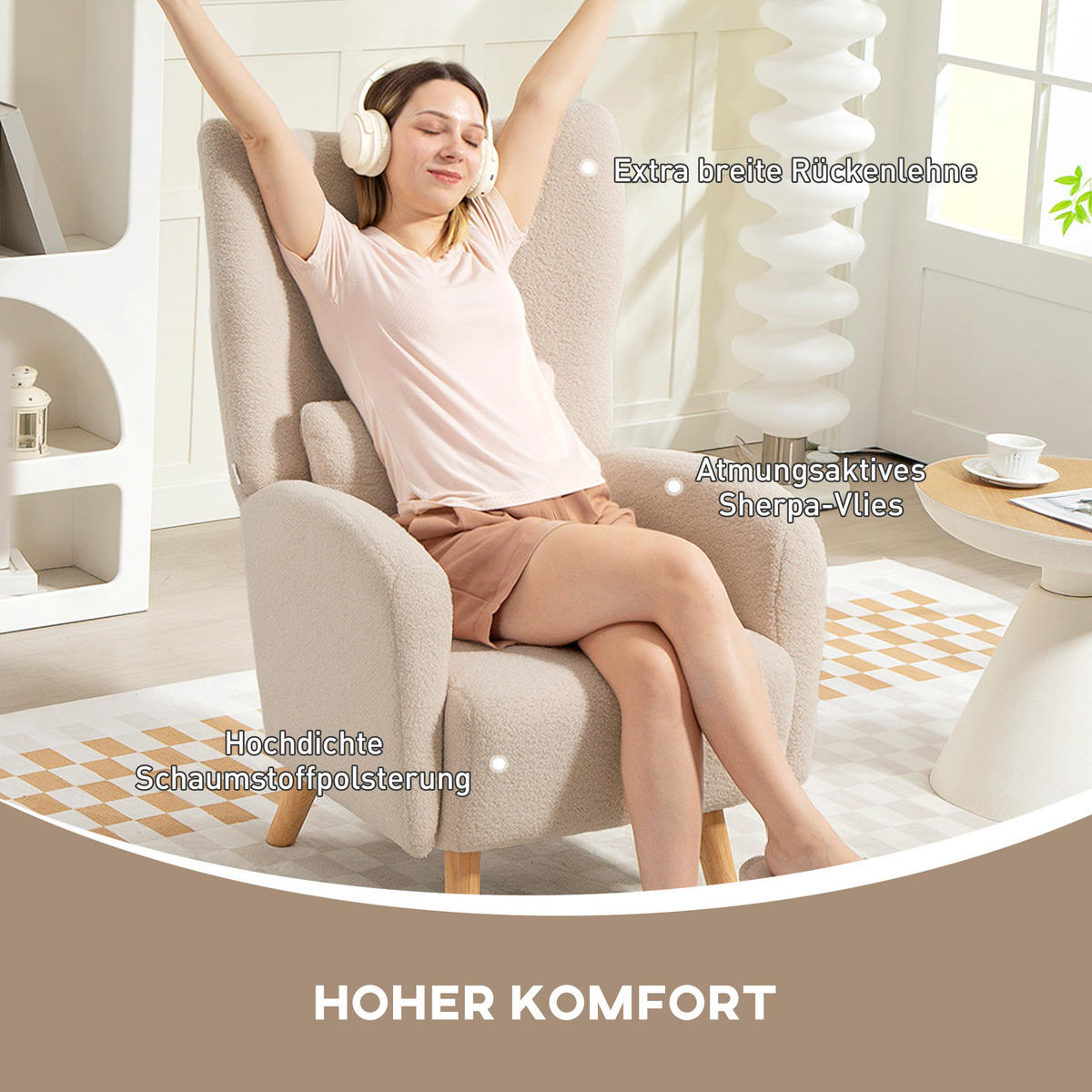 SESSEL DE-06847 mit Plüschbezug und Schaumstoffkissen, Ohrensessel Beige - Beige, Holz/Textil (72/106/77cm) - ComfortXL