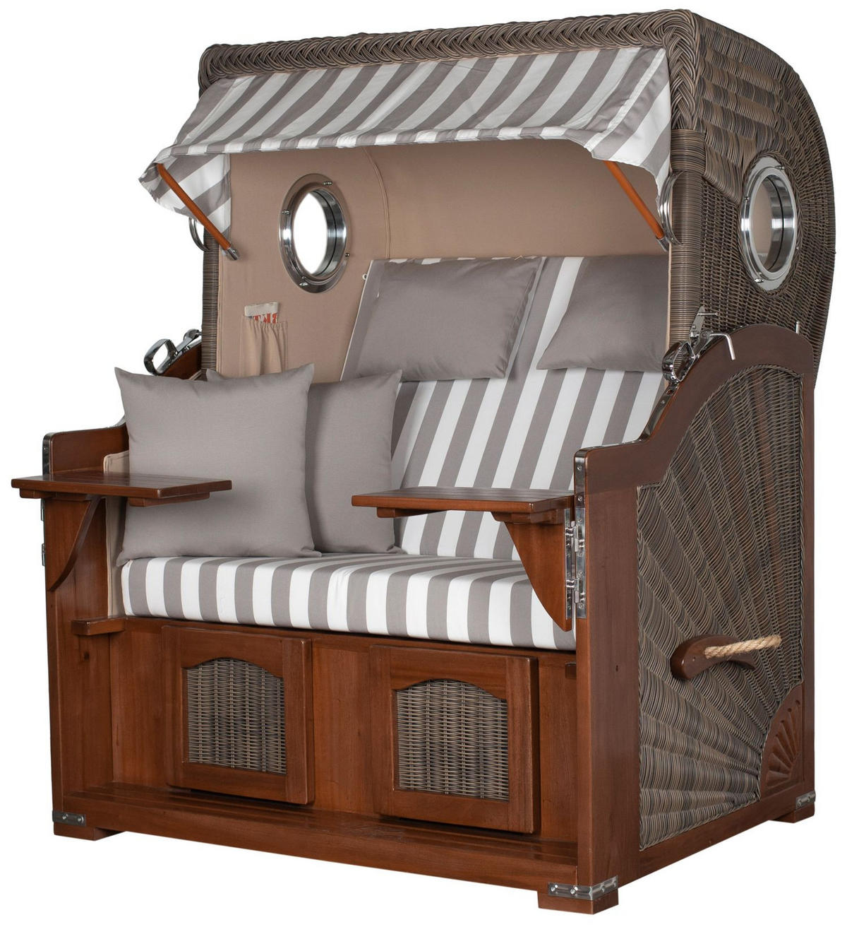 STRANDKORB Komplettset: Ammersee Mahagoni Bullauge - PE grau - Modell 513 - Weiß/Grau, Holz/Kunststoff (125/165/80cm) - bene living