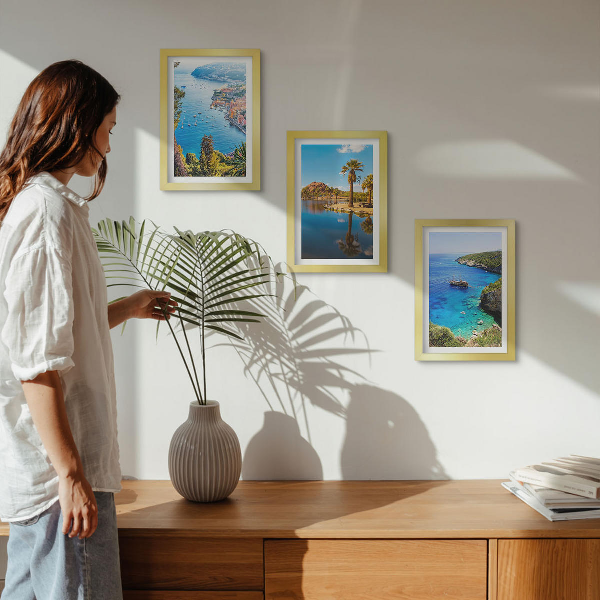BILDER SET 3er Set - 20x30 cm Goldrahmen - Palmen am Meer, blaues Wasser - Goldfarben, Kunststoff (20/30cm) - TULUP