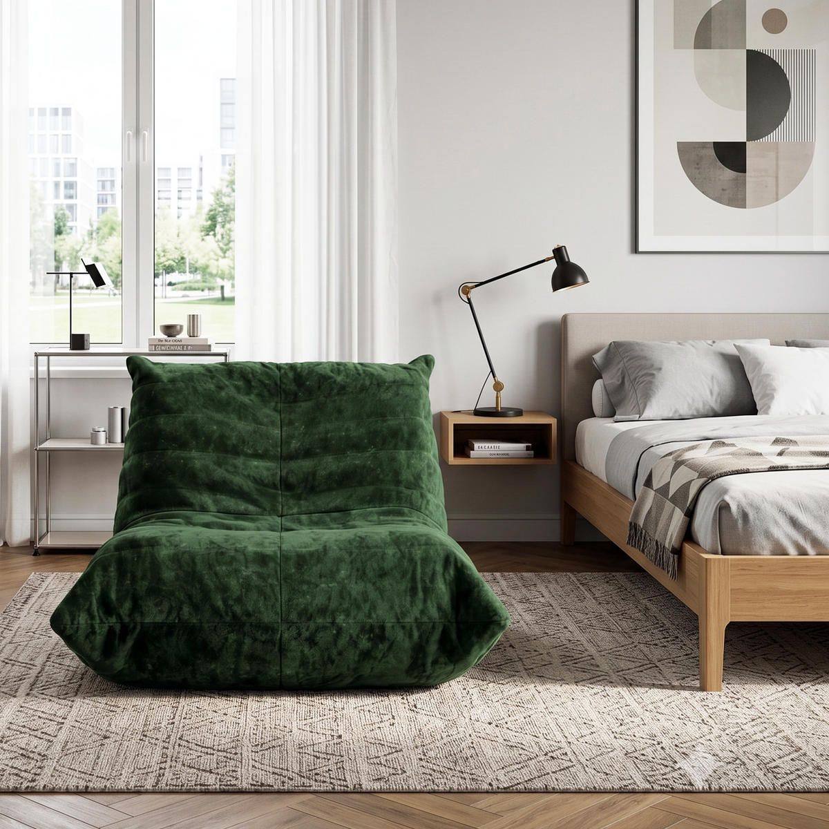 PAT ELASTIC, lemn de pin, alb, 140x200cm, cu trepte și spațiu de depozitare - verde, material textil (90/80/100cm) - Urban Meuble
