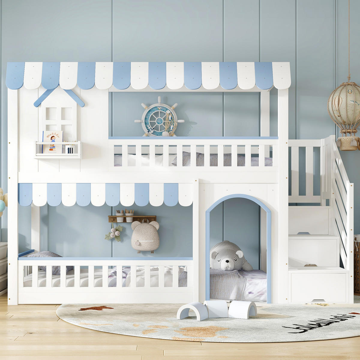 HOCHBETT 90x200 cm Treppe Stauraum Fenster blau - Weiß, Holz (90/200cm) - LEBENLANG