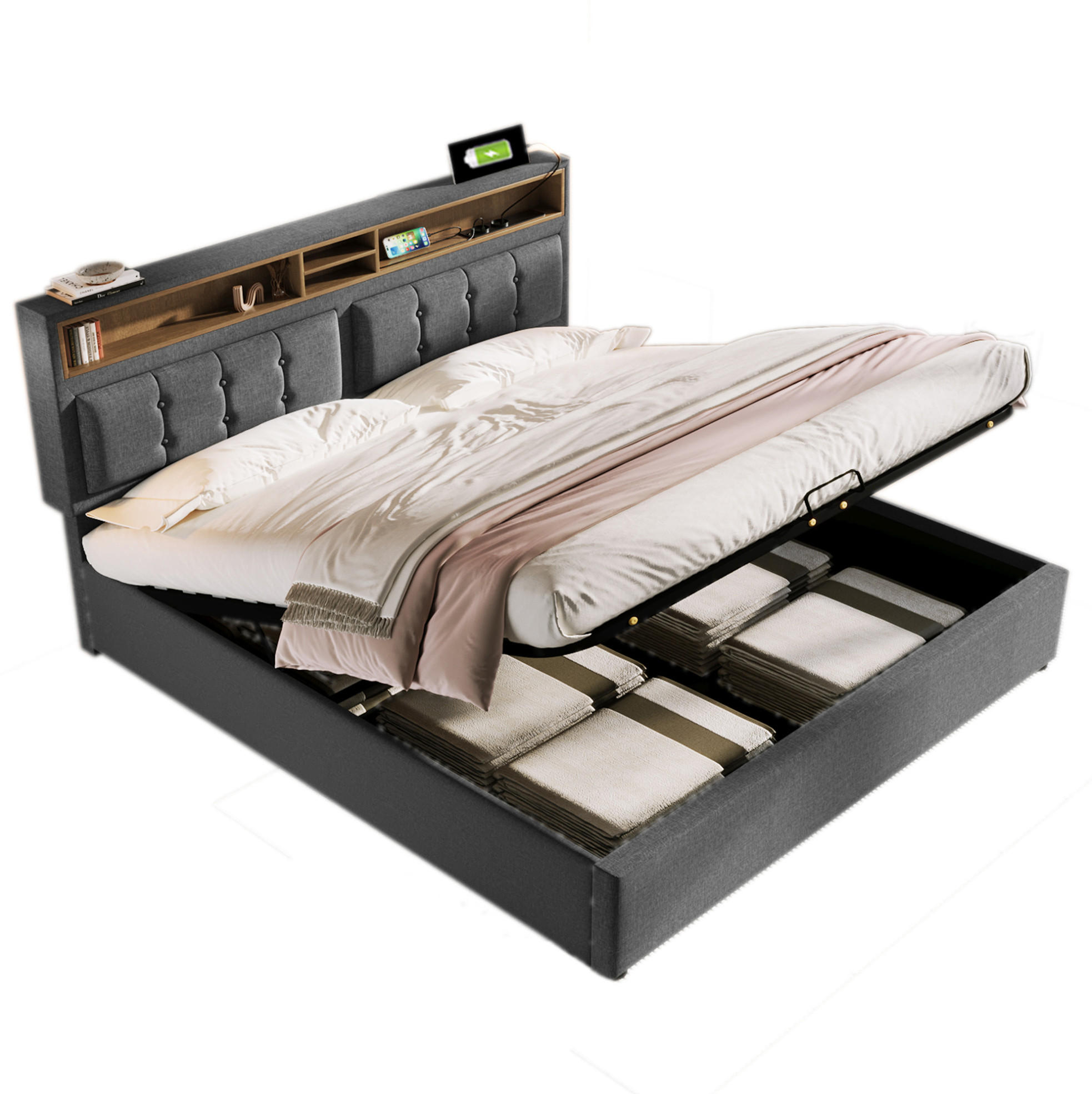 POLSTERBETT 160/200 cm Grau aus Leinen mit Stauraum und USB-C - Grau, Textil (160/200cm) - OKMYHOME