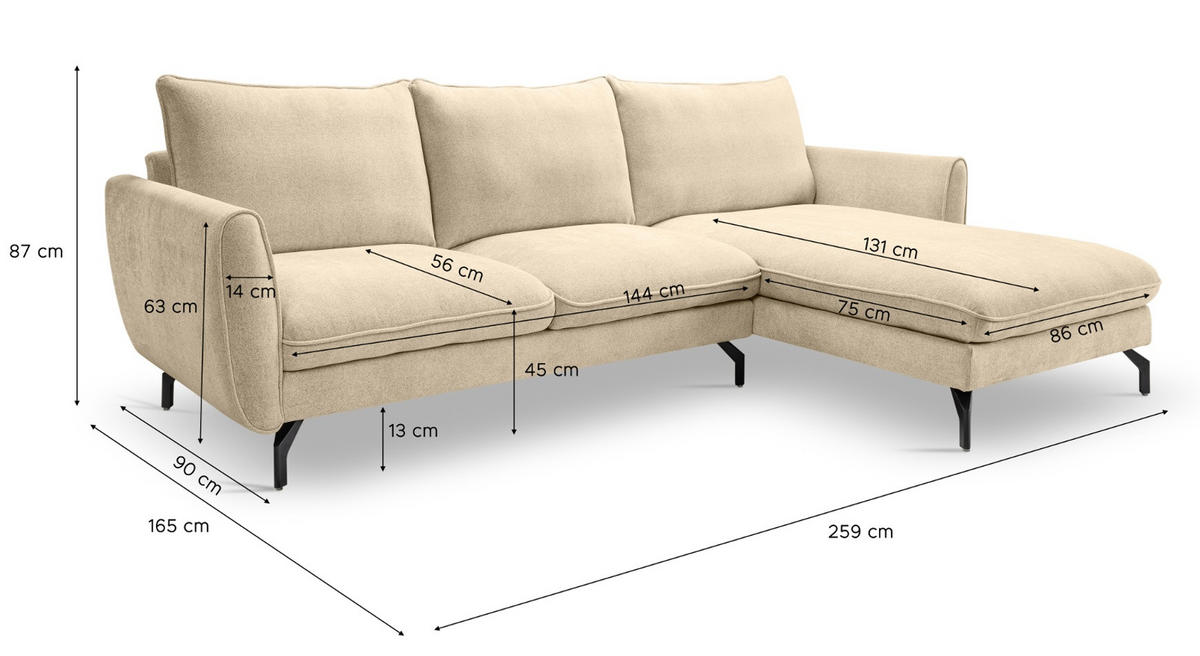 SOFA beige Webstoff 259 x 167 cm, Ecksofa 5-Sitzer, L-Sofa Ottomane rechts - Beige/Schwarz, Holz/Textil (259/167cm) - Inn.Furn