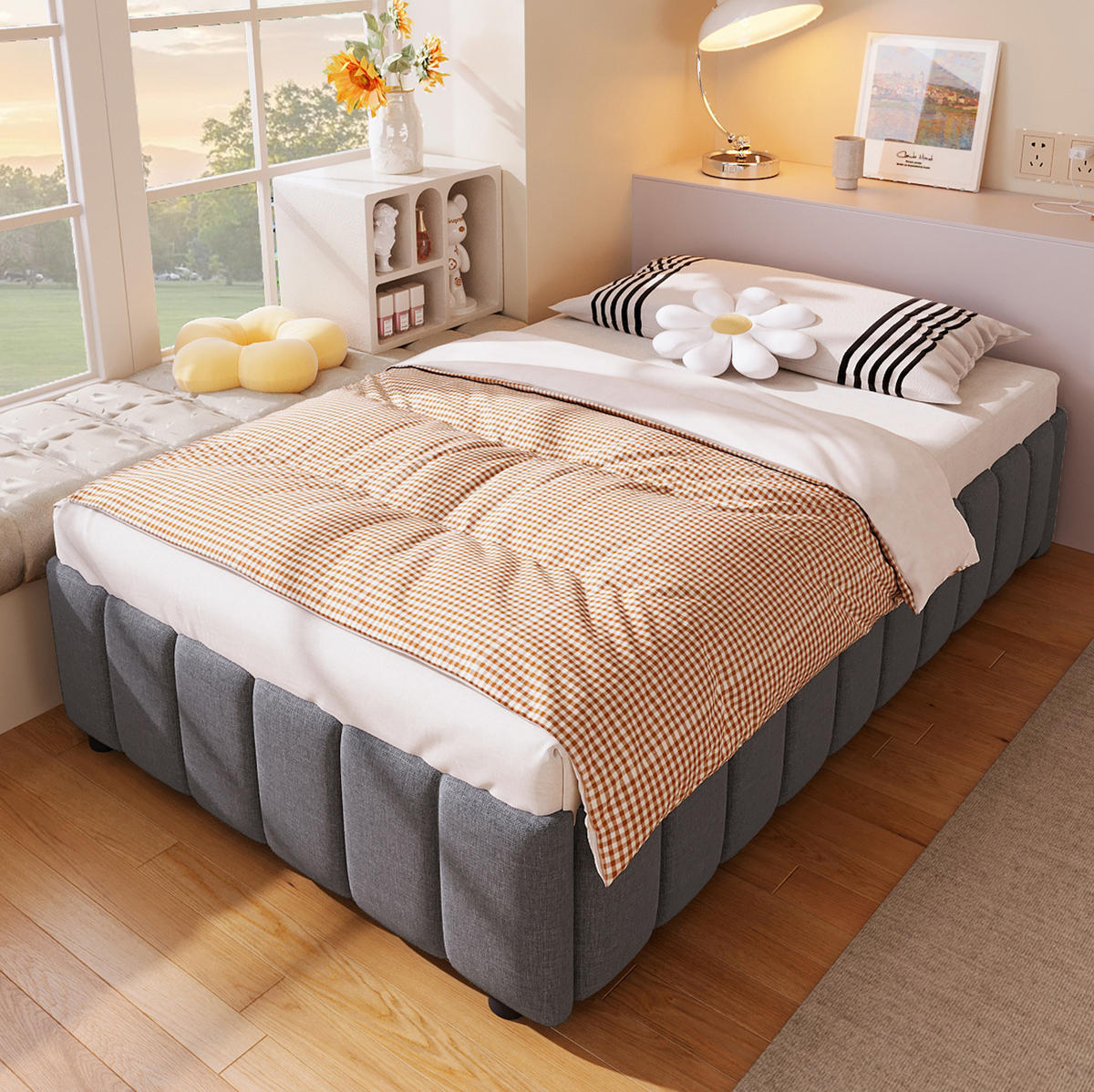 BETT mit hydraulischem Stauraum 90x200 cm Leinen Grau - Grau, Metall (90/200cm) - Meubliv
