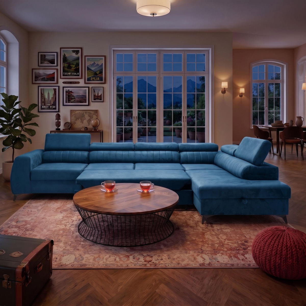 ECKSOFA PIERO MAXI Rechts mit Schlaffunktion 195x125 Velours Blau - Blau/Schwarz, Holz/Textil (203/350cm) - Muffo