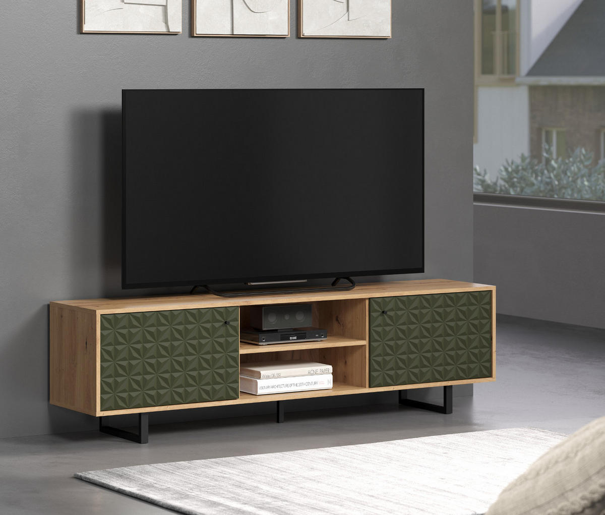 TV-LOWBOARD grün matt mit 3D Struktur, Eiche Artisan 184 cm, TV-Unterteil mit Soft-Close - Schwarz/Eiche Artisan, Holzwerkstoff/Kunststoff (184/52/40cm) - Top.Furn