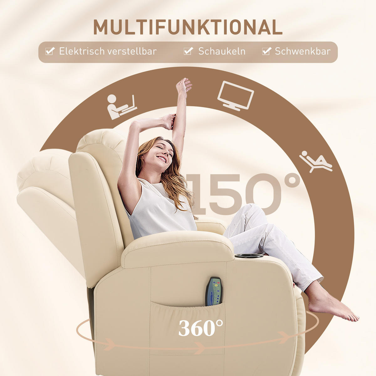 MASSAGESESSEL Kunstleder Cremeweiß - Weiß, Kunststoff/Metall (94/104/85cm) - HOMCOM
