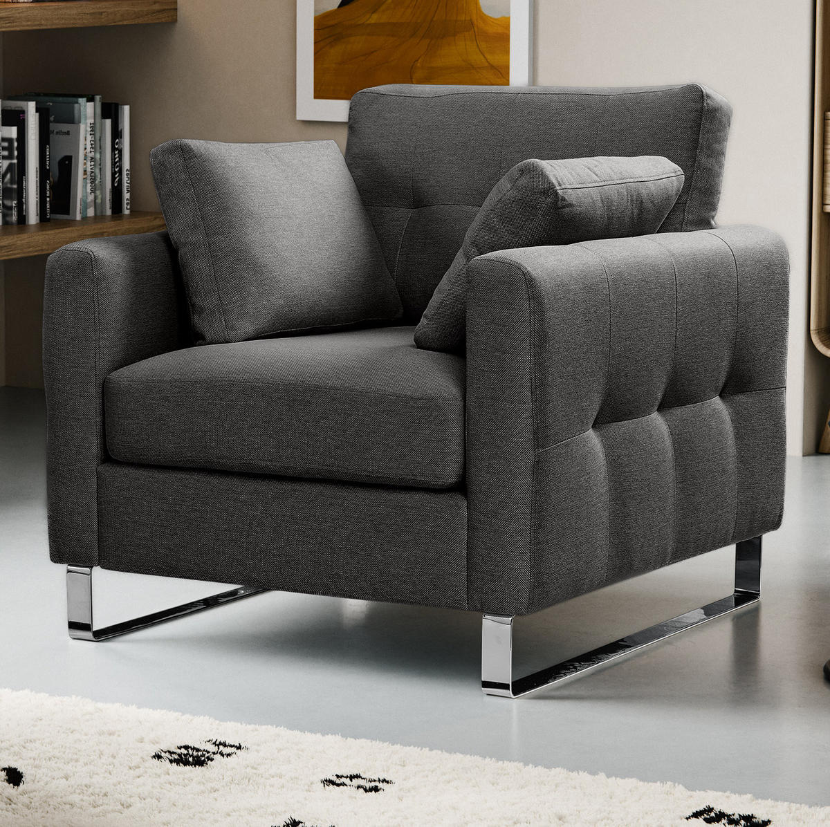 SESSEL grau Flachgewebe 93 x 94 cm, Clubsessel mit Steppoptik - Chromfarben/Grau, Holz/Textil (93/92/94cm) - Inn.Furn