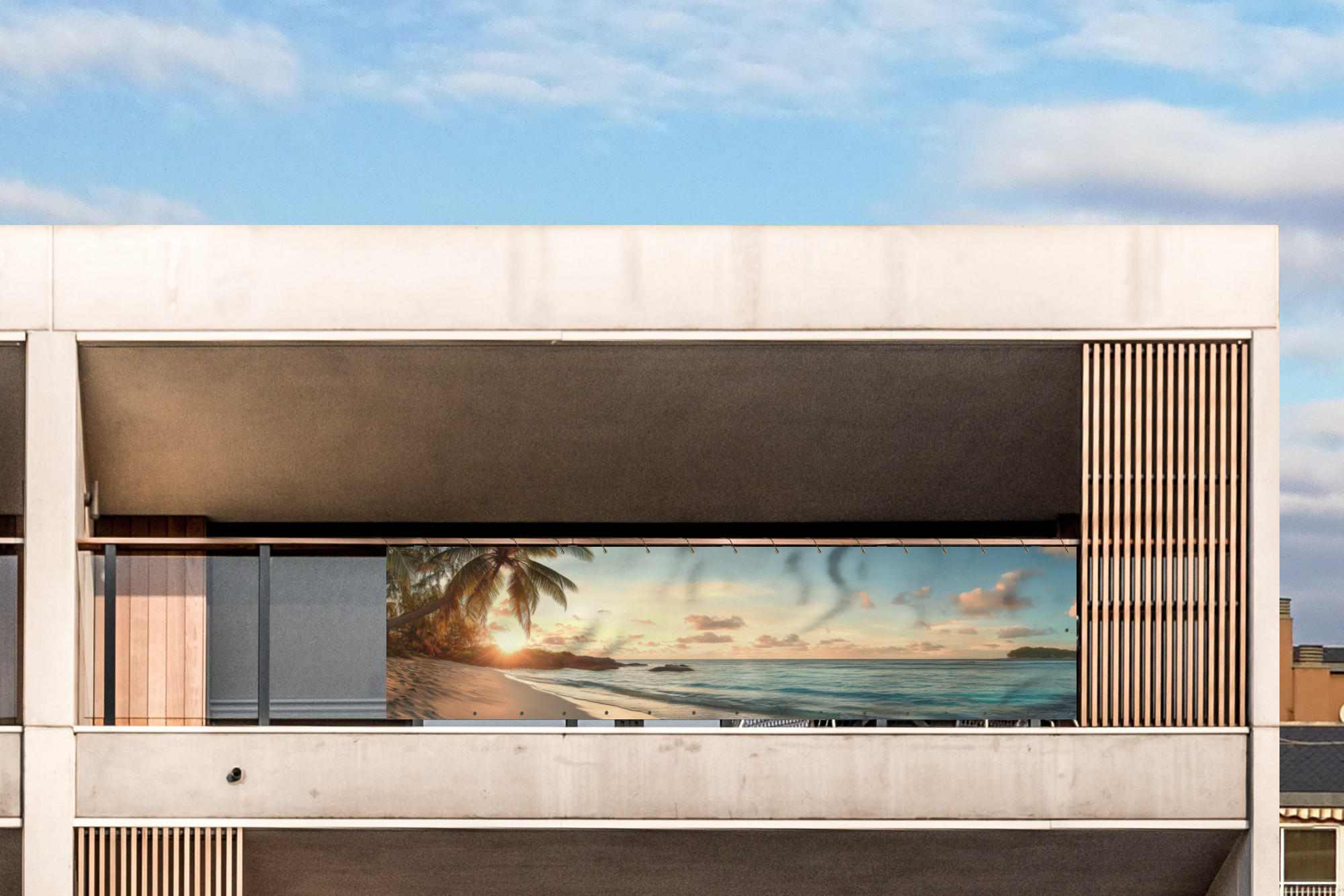 BALKON-SICHTSCHUTZ Strand - Palmen - Meer - Sonnenuntergang 500x130 cm - Samtahornfarben, Kunststoff (500/130cm) - MuchoWow