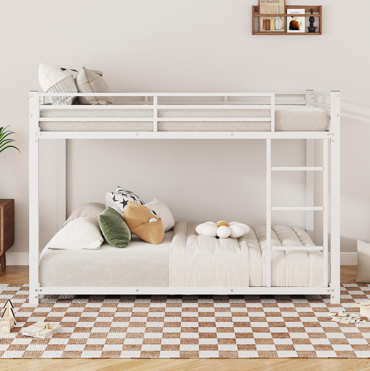 POSCHODOVÁ posteľ 140/200 cm biela priestorovo úsporná z kovu s bezpečnostnými zábranami - biela, kov (140/200cm) - OKWISH