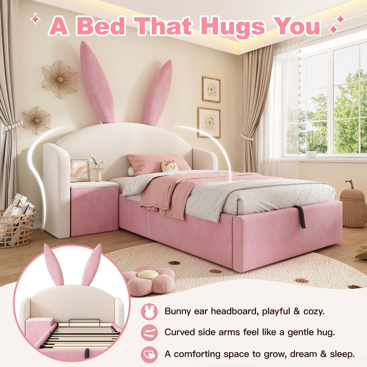 KINDERBETT 90/200 cm DE-32483 mit Stauraum und Nachttisch Beige/Rosa - Beige/Rosa, Metall (90/200cm) - ComfortXL