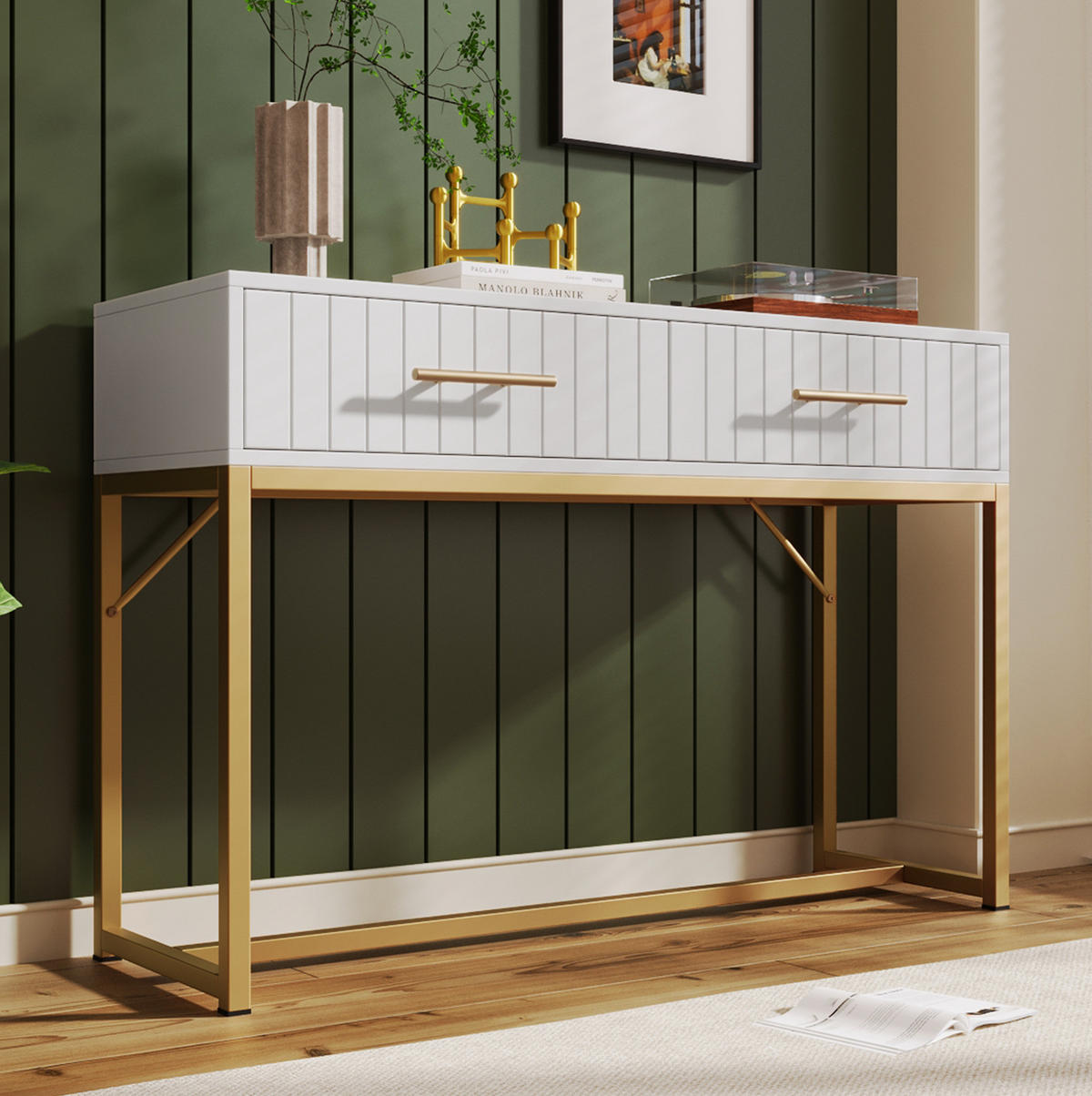 SCHMINKTISCH 100/45/75 cm mit 2 Schubladen, geriffelter Front und Metallsockel aus Spanplatte, Weiß - Weiß, Holzwerkstoff (100/45/75cm) - Redom