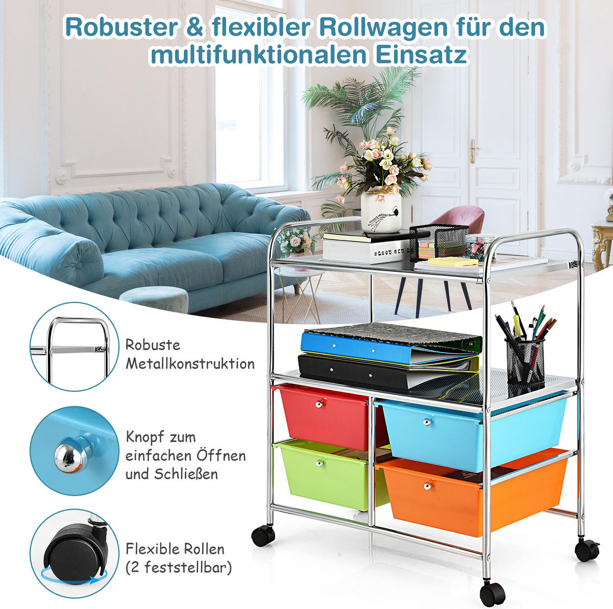 STORAGE TROLLEY Multicoloured - Multicolor, Kunststoff (74.5/23/43cm) - COSTWAY