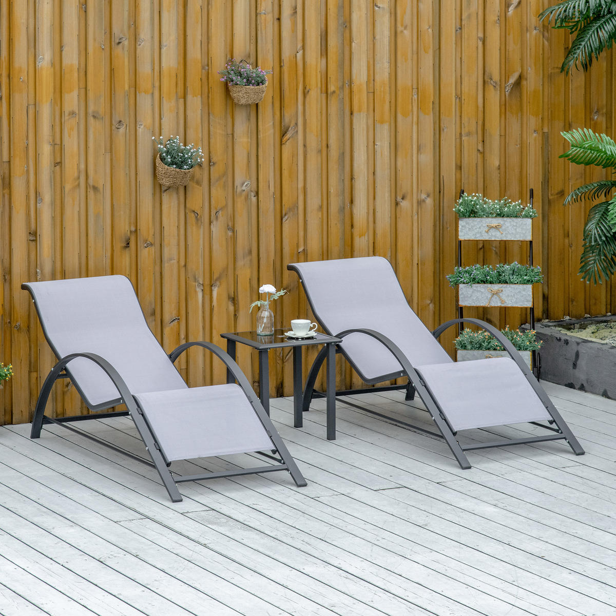 SONNENLIEGE Set 2 Garten-Sonnenliegen ,59 x 169 x 66 cm mit Glas-Couchtisch ,41 x 41 x 45 cm Grau - Hellgrau, Metall (169/66/59cm) - Vallsero