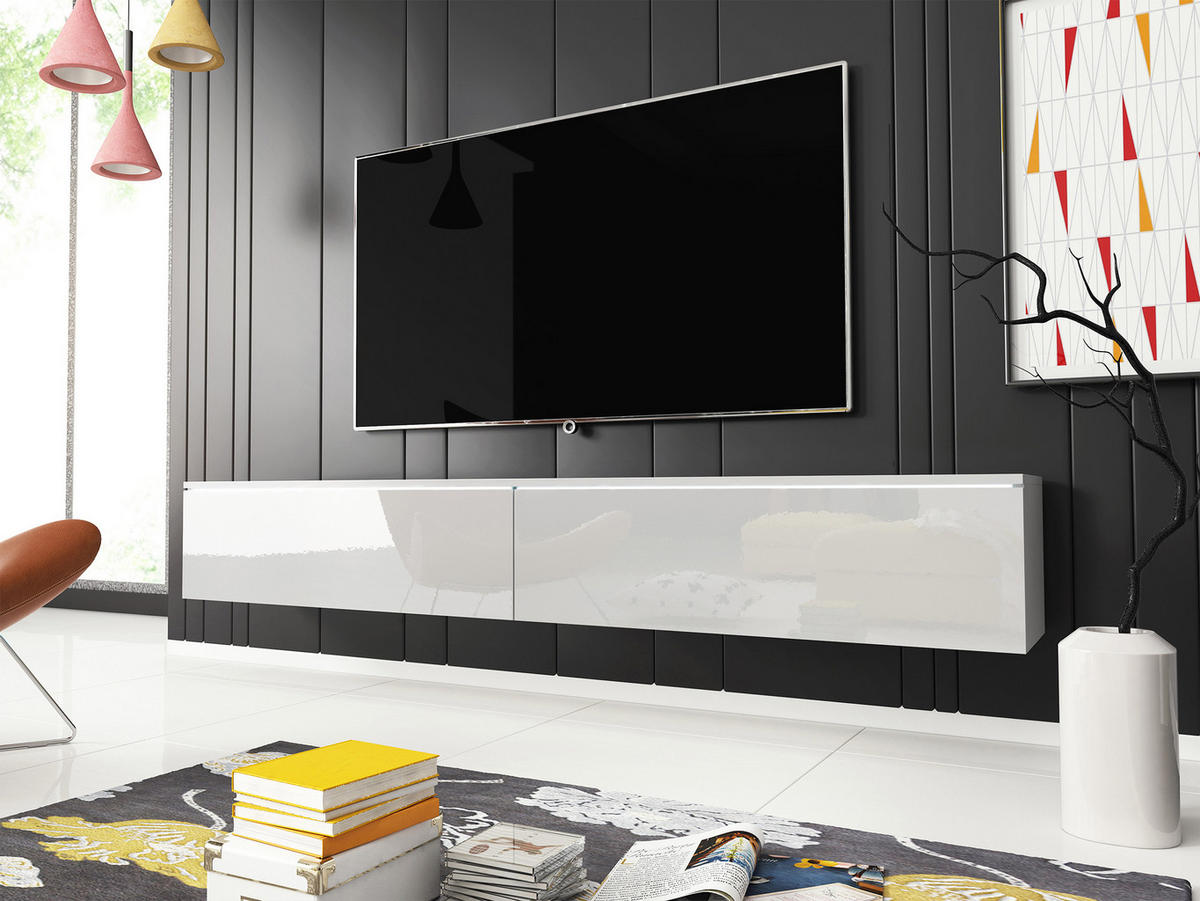 TV-LOWBOARD D180 mit weißer LED Beleuchtung - Weiß Hochglanz/Silberfarben, Holzwerkstoff/Kunststoff (180/30/33cm) - MIRJAN24