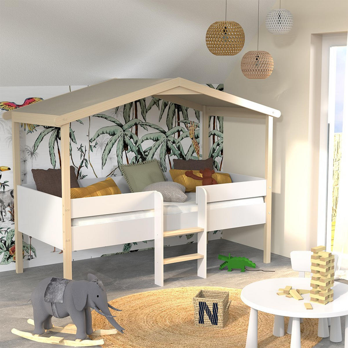 HAUSBETT PILOTI mit Matratze/ Kinderbett 90x190 - Weiß und naturholz - Multicolor, Holz (90/190cm) - Weber Industries