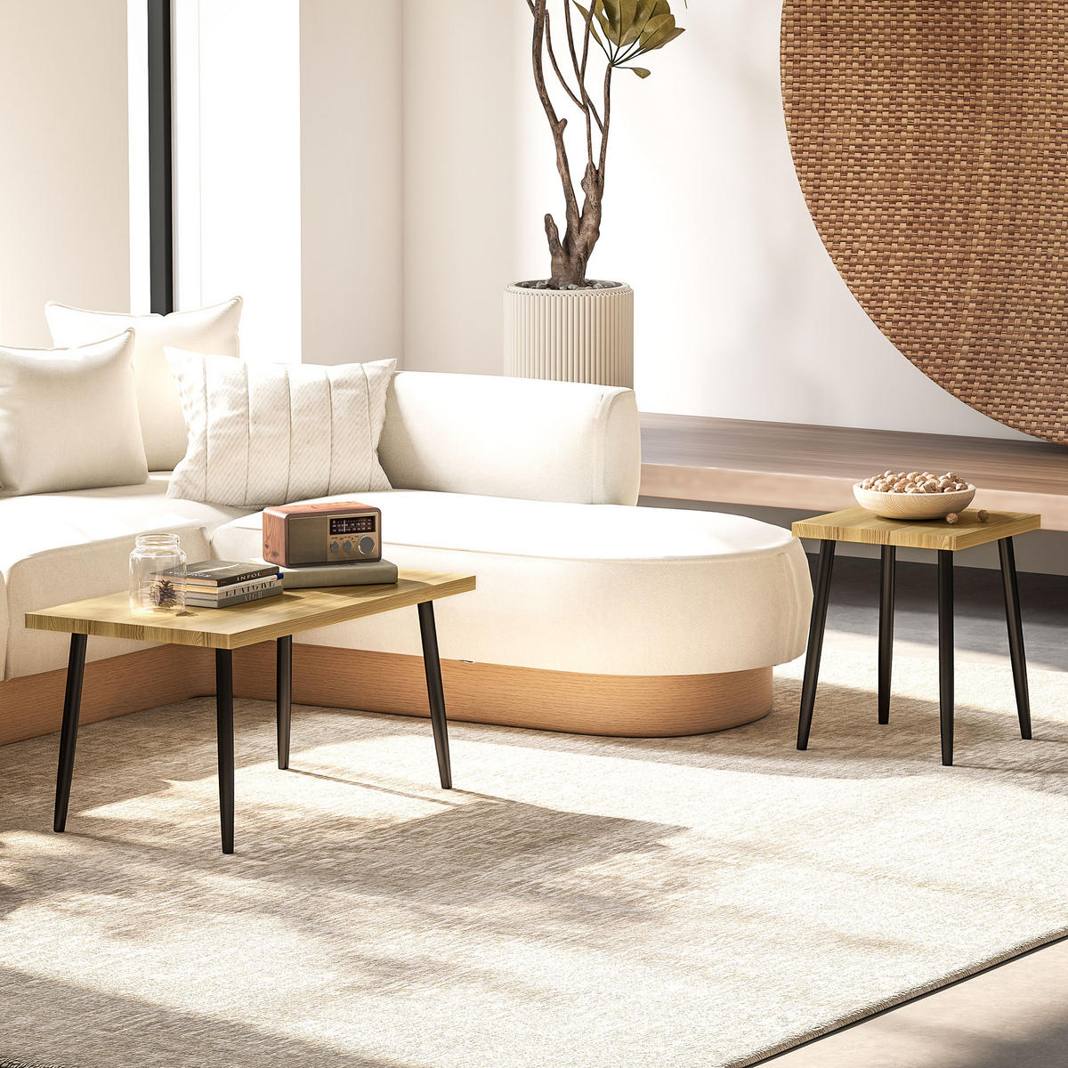 COUCHTISCH 2er Set Beistelltisch mit Stahlrahmen, für Wohnzimmer Natur - Naturfarben, Holzwerkstoff (90/50/45cm) - HOMCOM