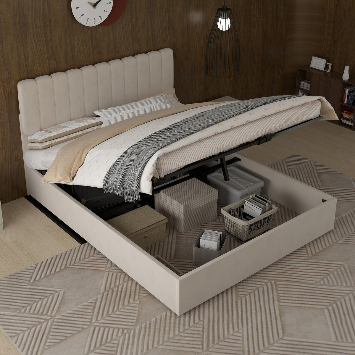 POLSTERBETT 140/200 cm in Beige Samt - Beige, Holzwerkstoff/Textil (140/200cm) - WISHDOR