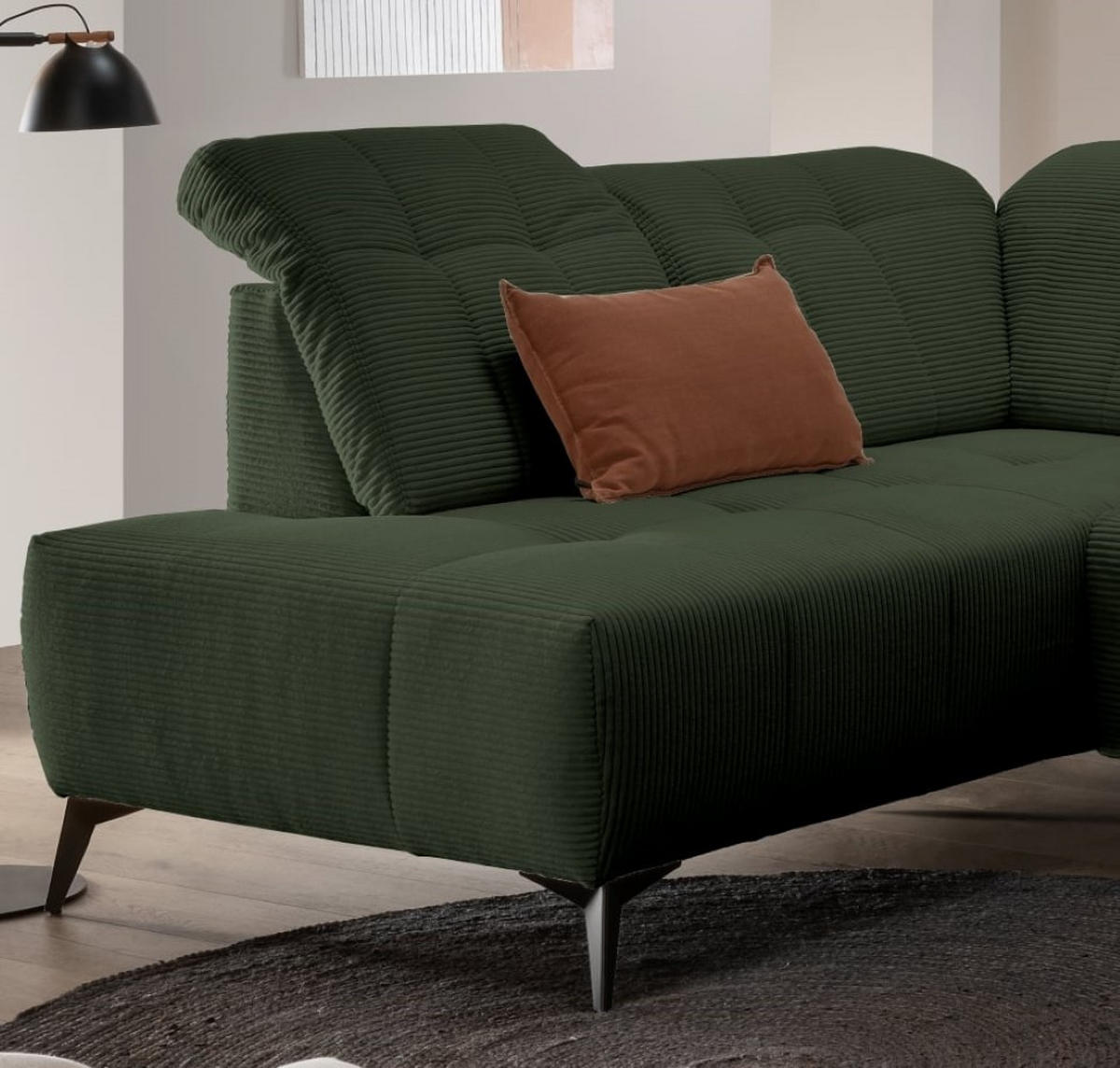 WOHNLANDSCHAFT mit elektrisch verstellbare Relaxfunktion, Cord-Stoff - Schwarz/Grün, Textil/Metall (337/104/200cm) - myHomelando