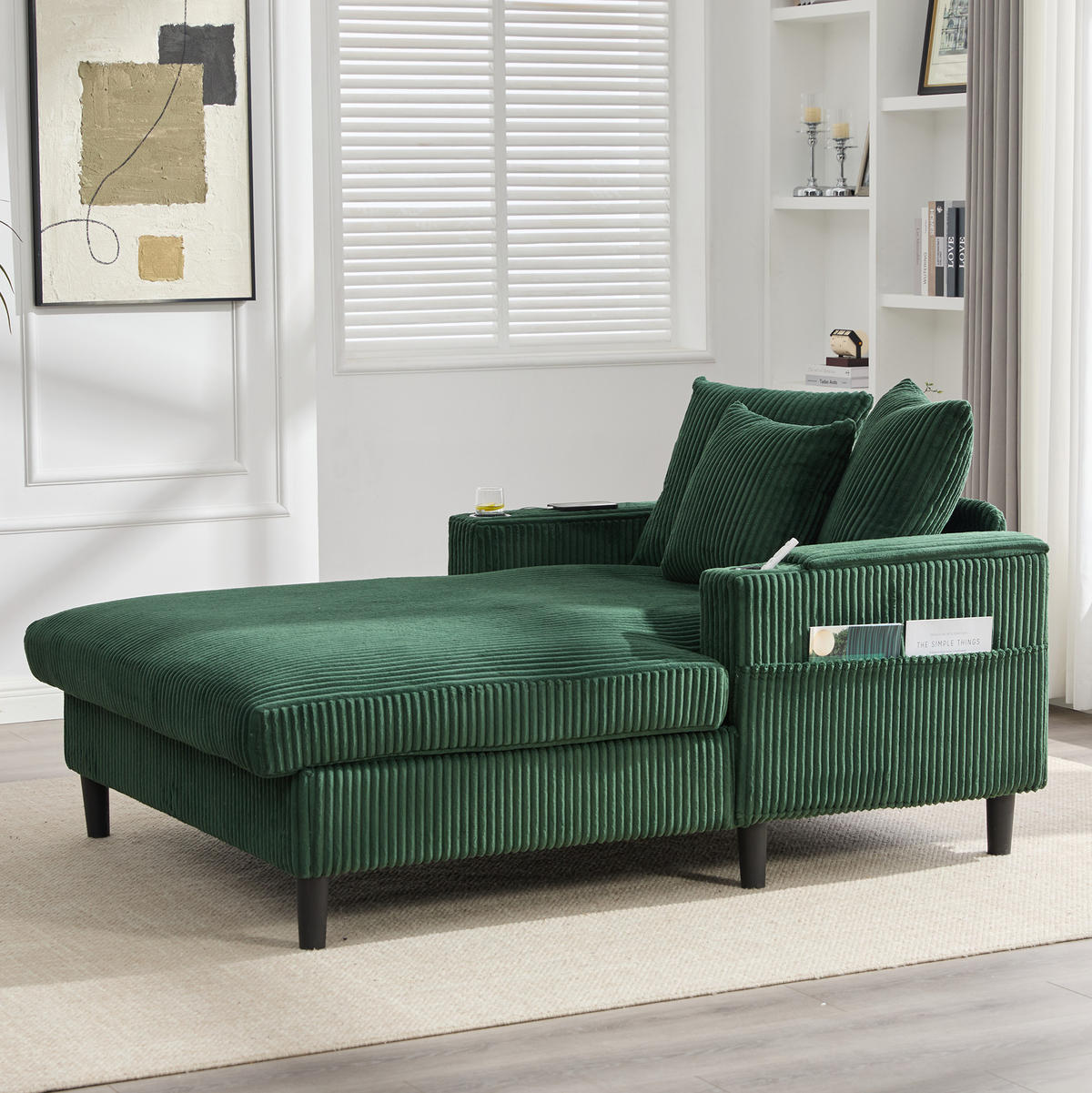CHAISELONGUE mit LED, USB und Stauraum 129 x 170 cm Cord Emerald - Smaragdgrün, Holz (170/70/129cm) - Meubliv