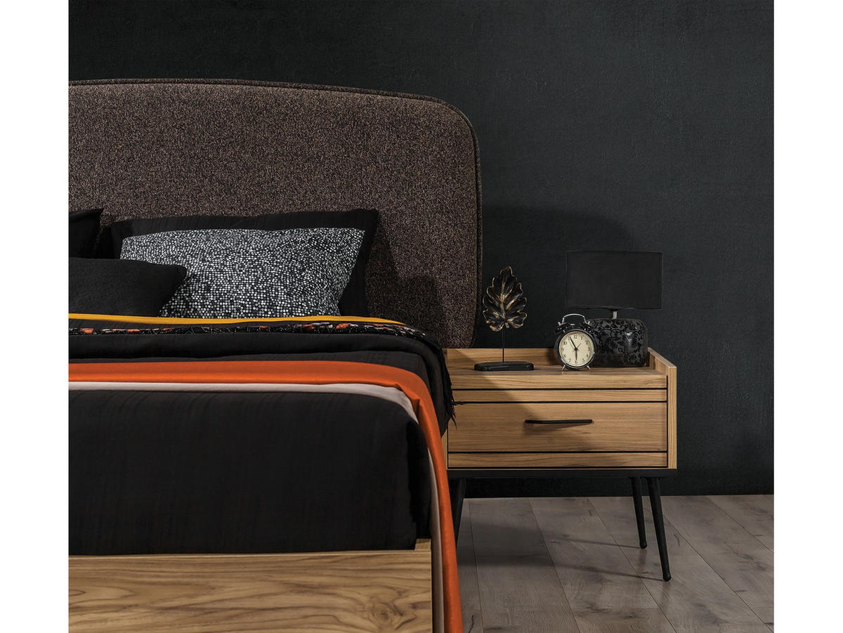 BETTANLAGE CIZGI Schlafzimmer-Set, 4-teilig, Eiche, Bett mit Kopfteil 2 Nachttischen und Kleiderschrank - Eichefarben, Holzwerkstoff (160/200cm)