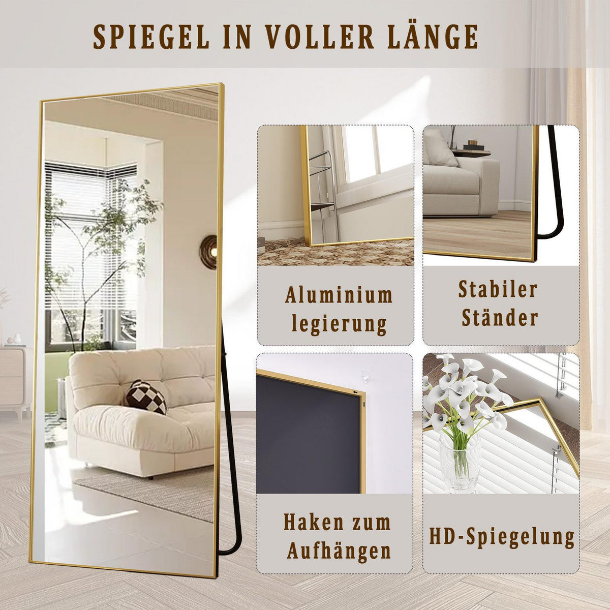 STANDSPIEGEL 165x60 cm – Freistehend & Wandmontage, Aluminiumlegierung Goldrahmen - Goldfarben, Glas/Metall (60/165/165cm)