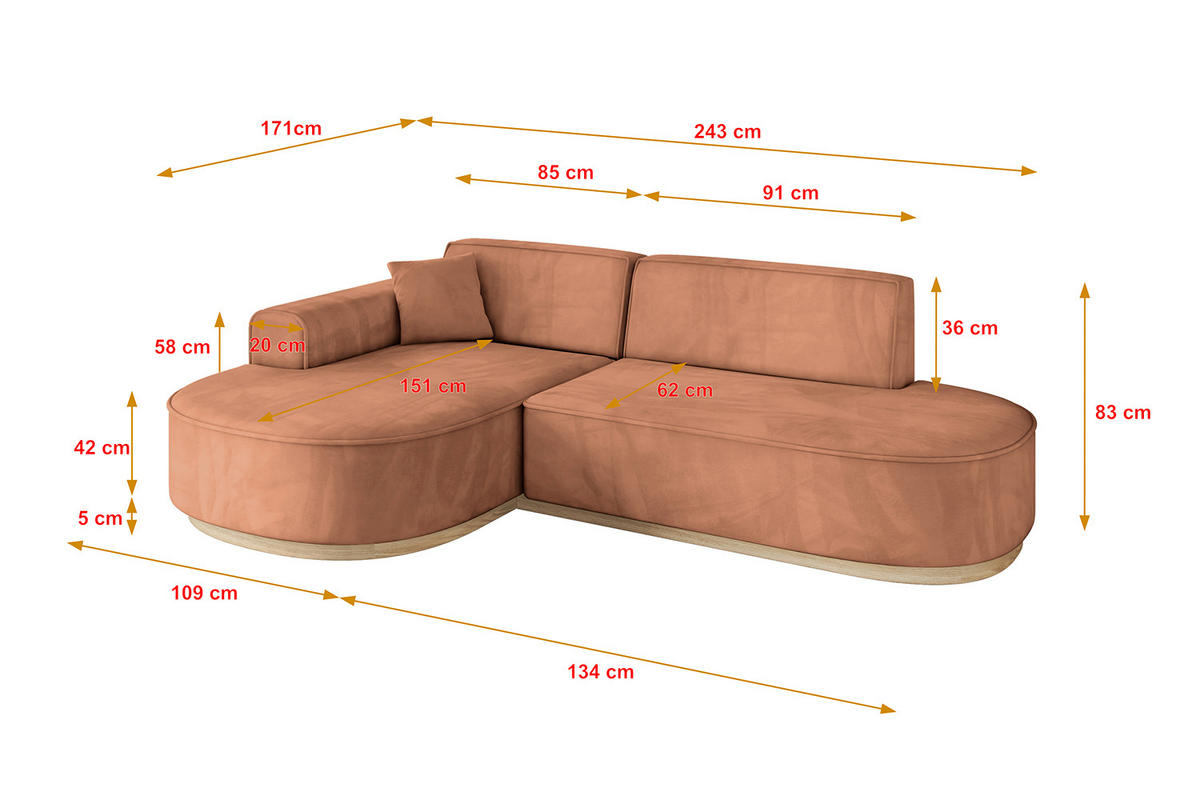 ECKSOFA Ottomane Links MARI-L1-v1 - 243x171x83 cm Orange Velours - Orange, Holzwerkstoff/Textil (243/171cm) - ALTDECOR